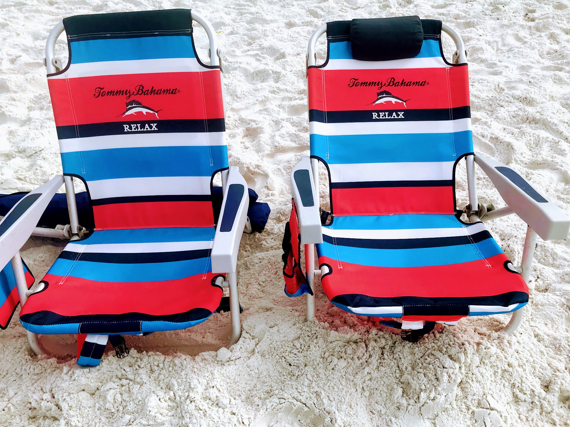two tommy bahama beach chairs red white blue